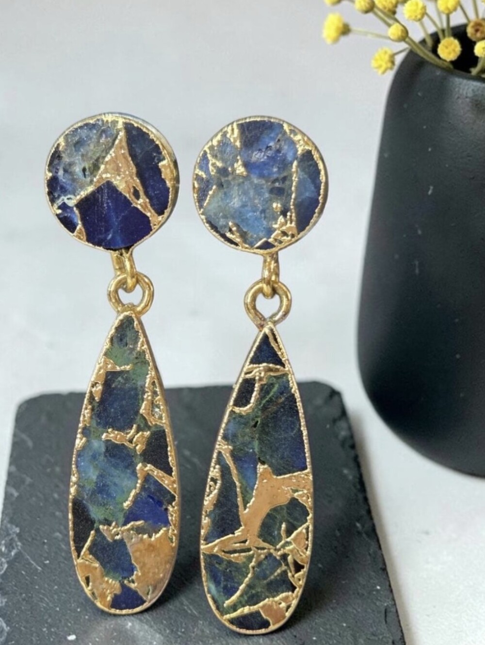 18k Gold Plated Artisan Lapis Lazuli Mohave Turquoise Dangle Earrings